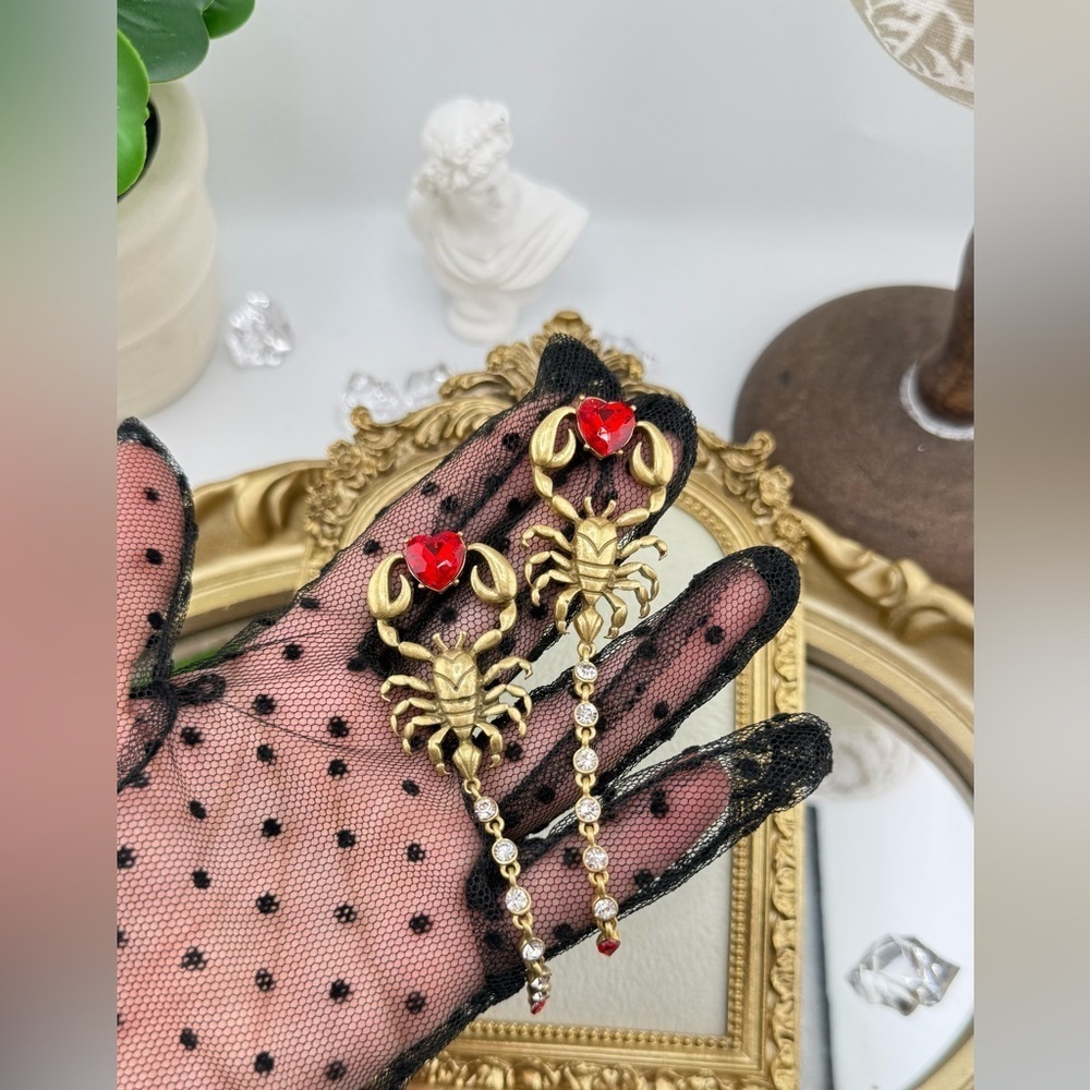 Gothic Scorpion Drop Earrings | Red Crystal Heart & Rhinestone Tail